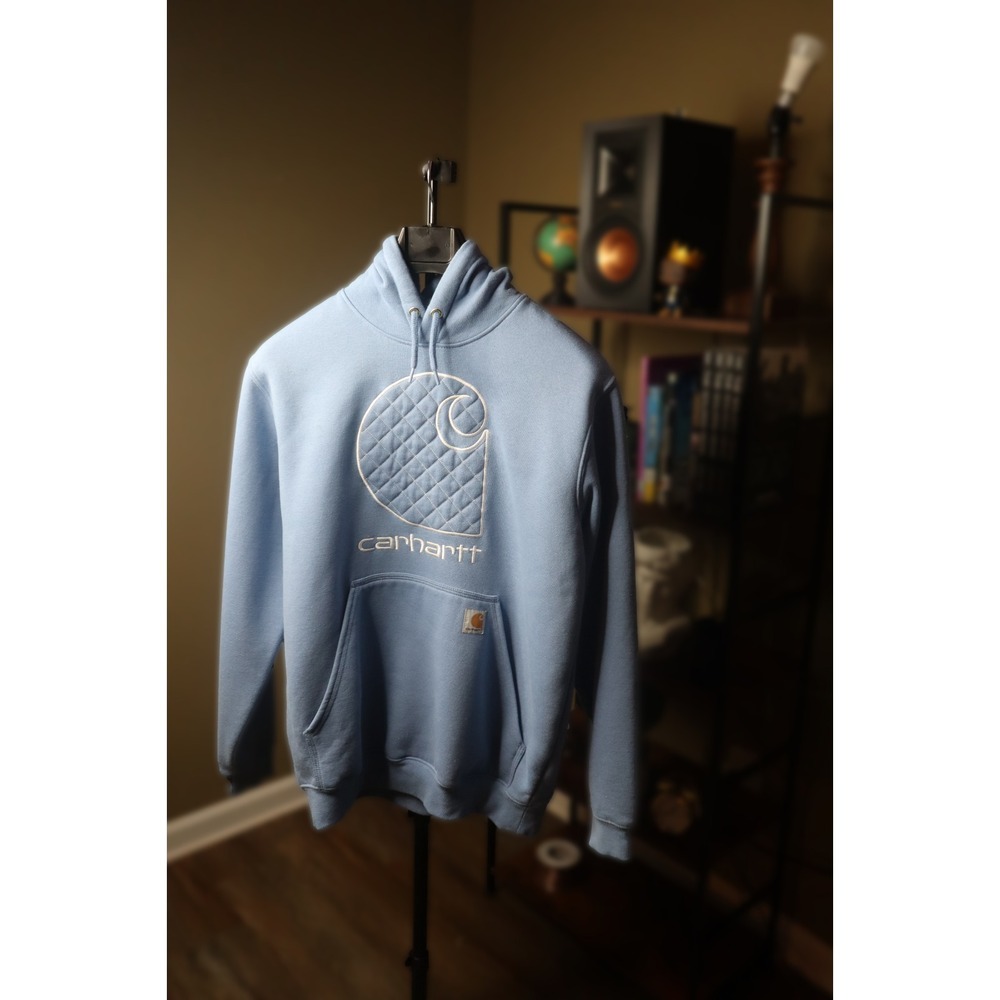 Carhartt Hoodie Mens M Blue Loose Fit Pullover Sweatshirt C Puff Logo - Picture 7 of 7